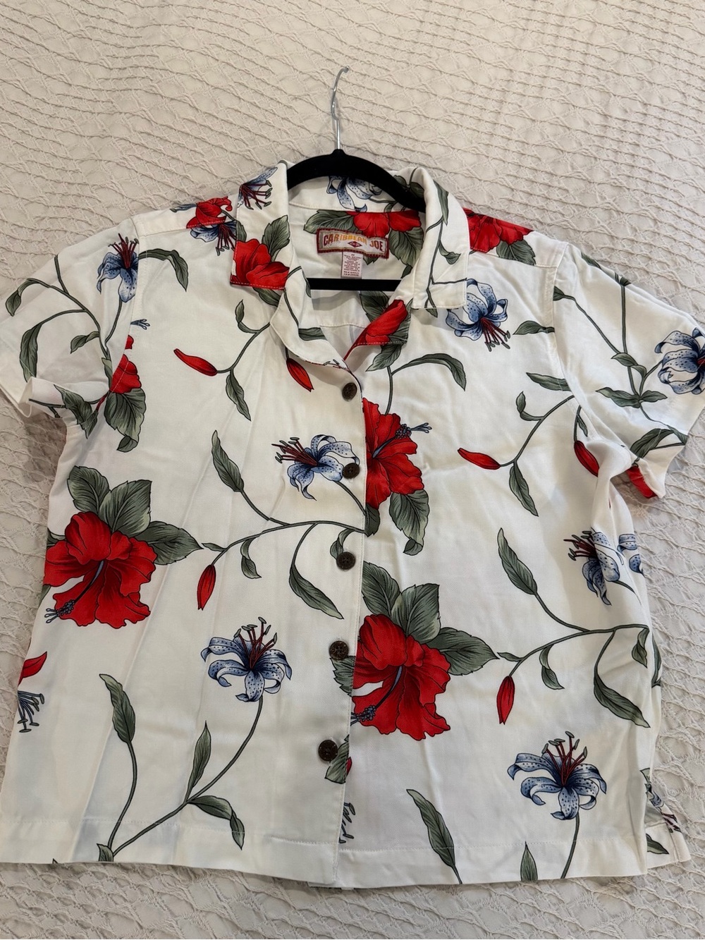 Caribbean White Button-Front Camp Shirt with Red Floral Print